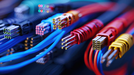 Close-up view of colorful network cables featuring various types of connectors. The image highlights the intricate details and vibrant tones ideal for technology and communication themes.の素材
