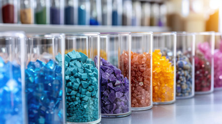A stunning display of colorful gemstone crystals arranged in clear glass containers. This image showcases a variety of shapes and colors, ideal for design projects.の素材