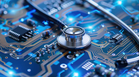 This image showcases a stethoscope placed on a colorful circuit board, symbolizing the fusion of technology and healthcare in modern diagnostics and innovation.の素材