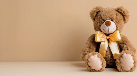 This delightful teddy bear features soft fur and a charming yellow bow, perfect for enhancing children's rooms or evoking warmth in cozy settings.の素材