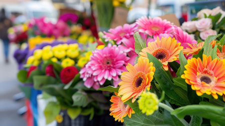 A vibrant flower display showcasing colorful gerbera daisies and various blooming plants at an outdoor market. The scene captures nature's beauty and joy.の素材