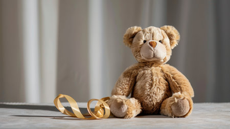 This image features a soft teddy bear with a golden ribbon, evoking feelings of nostalgia and childhood innocence. Ideal for various creative projects.の素材
