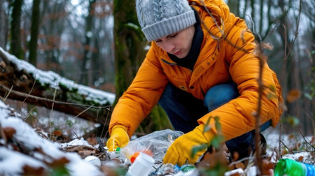 A young individual wearing an orange jacket and yellow gloves is actively picking up litter in a snowy forest, emphasizing the importance of environmental stewardship and community engagement in nature conservation activities.の素材