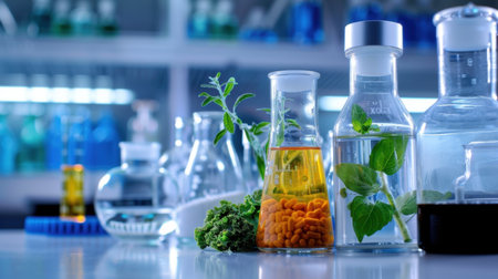 A collection of laboratory glassware showcasing vibrant solutions alongside fresh herbs, illustrating the interplay of science and nature in innovative research.の素材