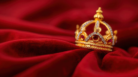 This stunning gold crown adorned with sparkling jewels rests elegantly on rich red velvet fabric, capturing the essence of royalty and luxury. Perfect for themed projects.の素材