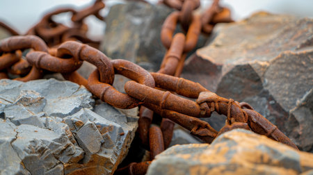 Close-up view of rusty chain links intertwined with rugged rocks, showcasing nature's impact and the passage of time, perfect for industrial-themed projects.の素材
