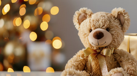 A charming teddy bear adorned with a golden bow sits in front of a beautifully decorated Christmas tree filled with soft golden lights, evoking warmth and joy.の素材