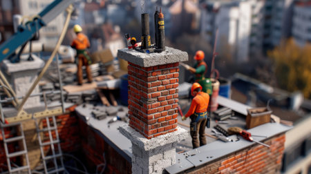 A dynamic scene on a construction site where workers engage in bricklaying on a rooftop, showcasing teamwork and skilled labor amidst a bustling urban landscape.の素材
