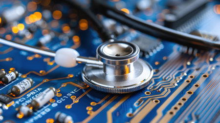 This close-up image reflects the fusion of medicine and technology, showcasing a stethoscope placed on a vibrant circuit board, representing modern healthcare advances.の素材