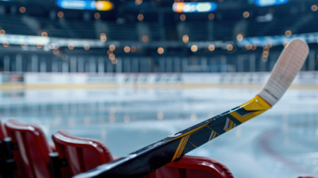 The image showcases a hockey stick resting on empty arena seats, with a polished ice rink in the background, illuminated by soft ambient lighting, creating a dramatic sport atmosphere.の素材