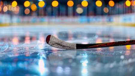 A close-up view of an ice hockey stick resting on the rink with vibrant lights blurred in the background, creating a captivating atmosphere for the sport.の素材