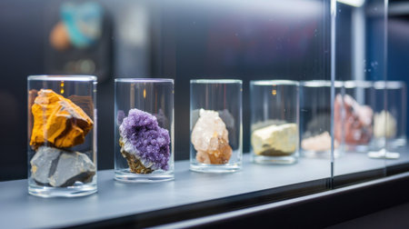 This image captures a stunning display of colorful mineral specimens housed in glass cases at a museum. The vibrant colors and unique formations provide a captivating glimpse into the beauty of natural geology.の素材