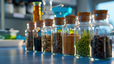 A vibrant collection of jars filled with various spices and herbs sits on a beautifully arranged countertop, perfect for cooking enthusiasts.の素材