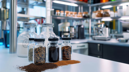 A vibrant display of various spices and ingredients stored in glass jars on a sleek kitchen countertop. This modern cooking space features a mix of flavors and aromas, perfect for culinary enthusiasts and professional chefs alike.の素材