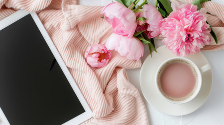 A beautifully arranged flat lay featuring a tablet, a cup of tea, and fresh peony flowers on a soft pink textile, creating a serene workspace atmosphere.の素材