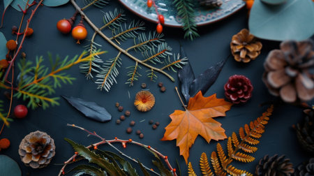 A stunning flat lay showcasing vibrant autumn leaves, pinecones, and natural elements against a dark background, perfect for seasonal decor and creative inspiration.の素材