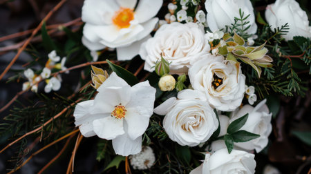 A stunning close-up of a delicate floral arrangement featuring elegant white roses and other soft blooms, lush greenery adds a fresh touch.の素材