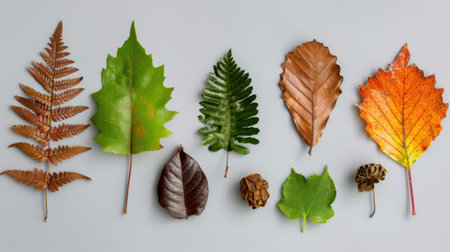 A stunning arrangement of diverse leaves displaying a spectrum of colors from green to brown and orange on a neutral background, highlighting seasonal transitions.の素材
