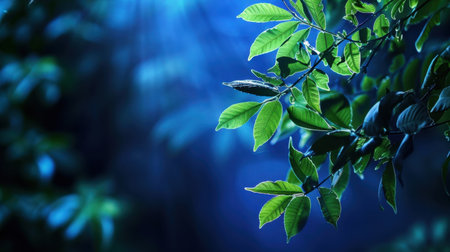 A serene close-up photograph capturing vibrant green leaves illuminated by soft blue light, offering a tranquil ambiance perfect for nature lovers.の素材