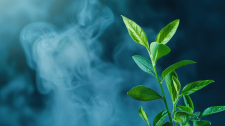 A captivating image featuring fresh green leaves against a backdrop of gentle smoke, creating a tranquil atmosphere perfect for wellness and nature-focused themes.の素材
