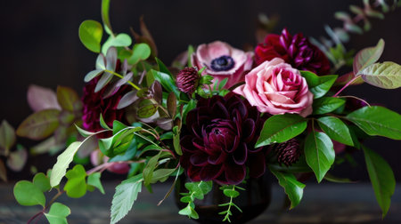 A stunning floral arrangement showcases deep red and pink blossoms surrounded by lush green foliage. This elegant composition evokes beauty and tranquility.の素材