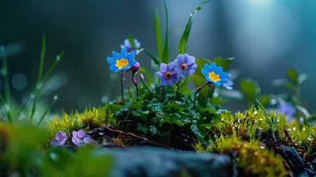 A serene close-up image of vibrant blue and yellow wildflowers amidst lush greenery, adorned with morning dew, capturing the essence of nature.の素材