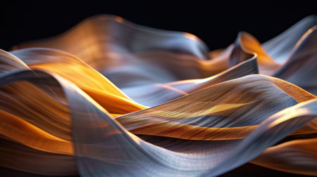 This captivating abstract image features flowing fabric with dynamic movement in a blend of warm and cool tones, creating a visually striking aesthetic.の素材