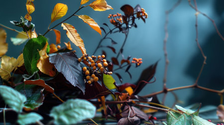 This stunning still life captures the essence of autumn with vibrant leaves and berries showcased against a dark background, highlighting nature's beauty.の素材
