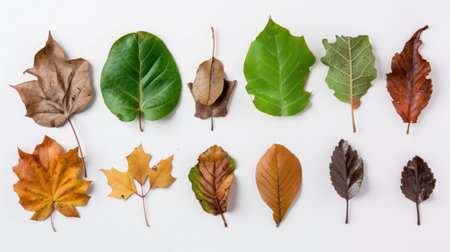 A collection of different leaf types showcasing vibrant colors and textures on a clean white background, representing the beauty of nature and seasonal changes.の素材
