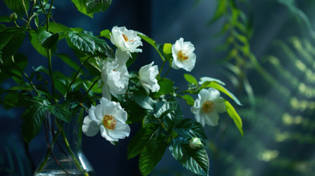 A captivating arrangement of white roses in a glass vase, surrounded by lush green leaves, creating a serene and elegant atmosphere in soft lighting.の素材