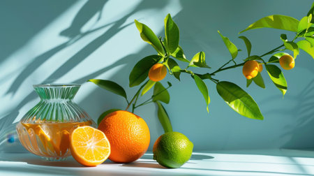 A vibrant still life composition featuring fresh citrus fruits including oranges, limes, and kumquats alongside refreshing juice in a glass, perfectly lit by the sun.の素材