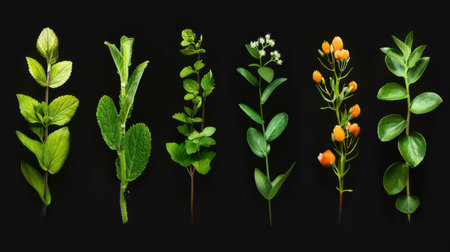 A collection of fresh green herbs and plants arranged artistically on a dark background. Ideal for culinary, botanical, and natural lifestyle themes.の素材