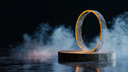 This captivating image features a glowing abstract ring positioned on a smooth pedestal, enveloped in mist, creating a mysterious atmosphere and striking visual appeal.の素材