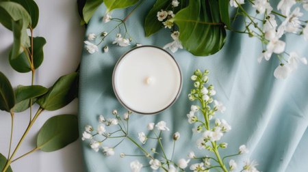 A serene composition featuring a calming candle surrounded by delicate white flowers and lush greenery, set against a soft blue fabric backdrop.の素材