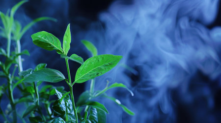 This stunning close-up image showcases vibrant green leaves against a dark background, enhanced by wisps of smoke, creating a serene and mystical atmosphere perfect for nature-themed projects.の素材