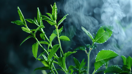 This image showcases vibrant green leaves adorned with dewdrops, set against a softly misty background. The serene atmosphere evokes a sense of freshness and tranquility, ideal for natural and wellness themes.の素材