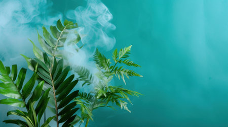 Experience the calming beauty of tropical leaves enhanced by soft mist on a vibrant teal background, perfect for nature-inspired projects and designs.の素材