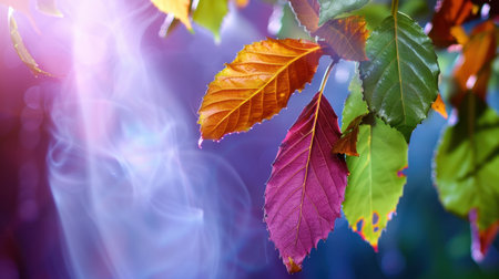 A captivating image showcasing vibrant autumn leaves with dew drops, set against a soft light background. This serene nature scene embodies seasonal beauty and freshness.の素材