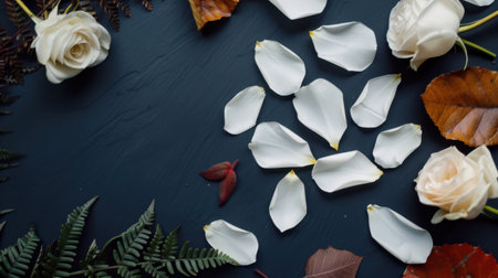 This elegant flat lay showcases white rose petals and lush fern leaves arranged on a dark background, complemented by autumn leaves, creating a serene and romantic atmosphere perfect for seasonal decor.の素材