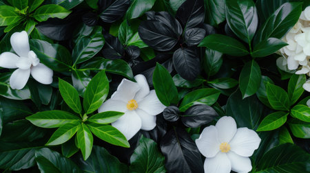 An exquisite display of diverse green leaves and delicate white flowers forms a calming and aesthetically pleasing background, perfect for design.の素材