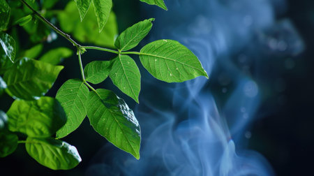 This captivating image features vibrant green leaves set against a mystical smoke background, evoking a sense of calm and connection to nature.の素材