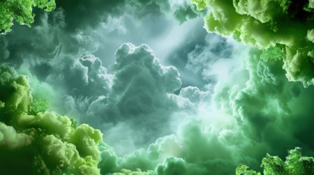 This enchanting image features swirling green clouds, beautifully illuminated by sunlight, creating a surreal and dramatic atmosphere in the sky.の素材