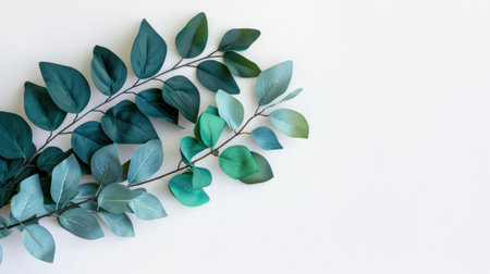 This elegant composition features green leaves arranged beautifully against a minimalist background, perfect for nature-inspired design projects and decor.の素材