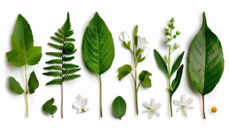 A beautiful arrangement of various green leaves and white flowers on a light background, showcasing the beauty of nature and plant diversity.の素材