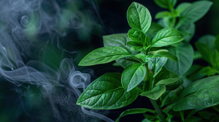 Explore the beauty of vibrant green leaves framed by ethereal smoke, creating a calming and enchanting atmosphere perfect for wellness themes.の素材