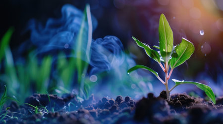 A vibrant seedling emerges from dark soil, surrounded by gentle mist and soft light, symbolizing hope, growth, and the beauty of nature's renewal process.の素材