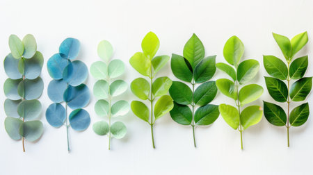 A beautiful composition showcasing a variety of green leaves arranged in a row on a white background, perfect for nature-themed projects and designs.の素材