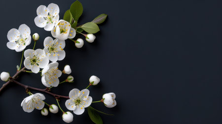 A beautiful arrangement of delicate white blossoms on a dark background, showcasing fresh green leaves and buds, perfect for spring and nature themes.の素材