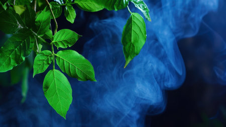 Captivating image showcasing fresh green leaves against a mysterious smoky background. This visual captures the essence of nature, tranquility, and beauty.の素材