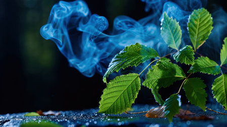 A captivating image of fresh green leaves surrounded by a mystical smoke effect, evoking a sense of tranquility and connection to nature. Perfect for wellness and natural themes.の素材